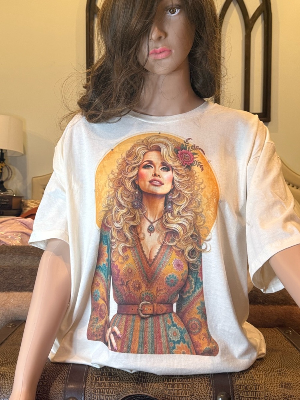 White GraphicBlinged Short-Sleeve Tee with Retro Floral Dolly Portrait - Picture 5 of 5